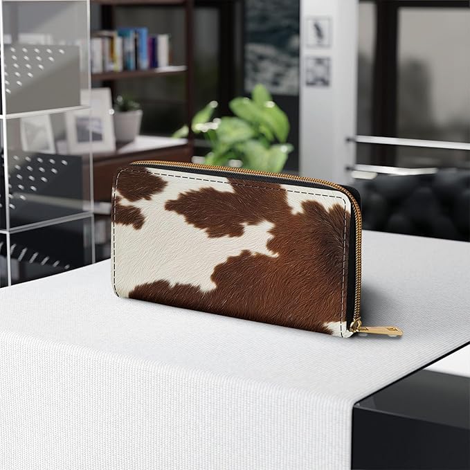 Womens Wallet,RFID Blocking Large Capacity Clutch,Zip Around Leather Purse with 8 Card Slots,Bill Compartments Coin Pocket - Brown and White Cowhide