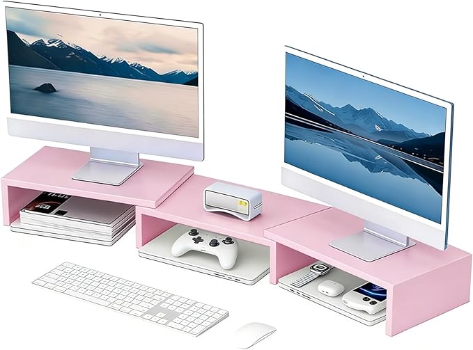 Desk Organizers and Accessories, Dual Monitor Stand Riser, Monitor Desk Shelf for Desktop Organization (Pink)
