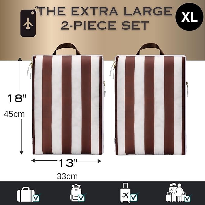 Extra Large Compression Packing Cubes for Checked Luggage, Lightweight Suitcase Organizers & Space Saver Bags - Travel Cubes for Packing - 2pc Set, X-Large - Brown Cabana Stripe