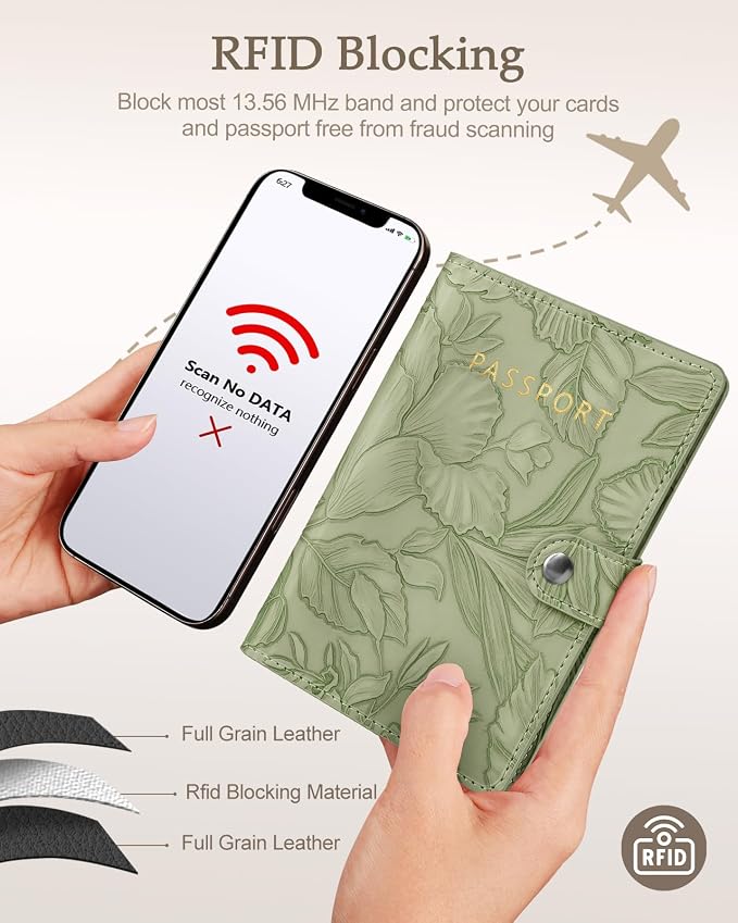 Slohif Floral Embossed Passport Wallet - Elegant Passport Wallet with AirTag Holder & RFID Blocking Slim Vegan Leather Passport Cover with Money Pocket and Card Slots Sage Green