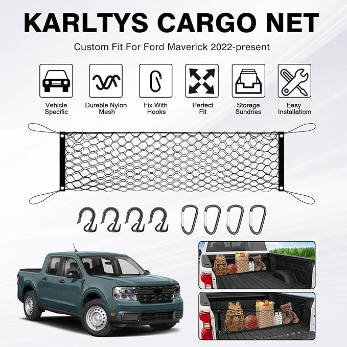 Karltys Truck Bed Cargo Net for Ford Maverick 2022-2024 2025 2026, Envelope Style Cargo Net for Pickup Truck Bed Ford Maverick 2025 Accessories, Elastic Nylon Mesh Storage Netting Organizer
