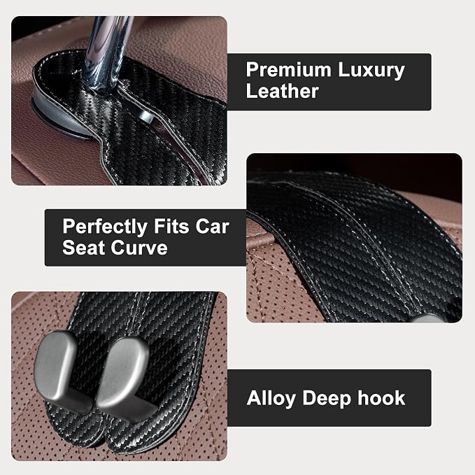 CoBak Headrest Hooks for Car - Universal Premium Stitched Leather and Aluminum-Magnesium Alloy Double Car Seat Back Storage Hook for Purses, Handbags, Bags (2 Pack),Black Carbon Fiber