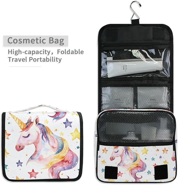 senya Hanging Travel Toiletry Bag Cute Kit Makeup Case Cosmetics Organizer for Men Women (Unicorns Face Pale Yellow Stars)