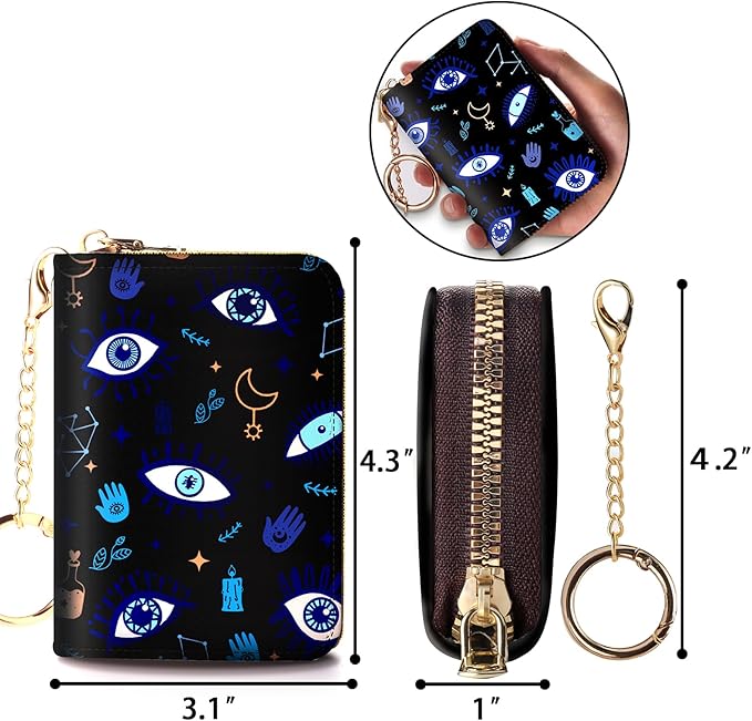 Credit Card Holder RFID Wallet, Small Card Holder Wallet for Women with Keychain Zipper, Funny Leather Print Credit Card Wallets Accordion Gift