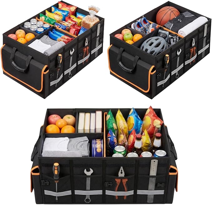 GDNasist Car Trunk Organizer and Storage with Lid, Car Accessories for Women Men 2 Removable Dividers for Custom Space, Collapsible Trunk Organizers Interior for SUV & Sedan