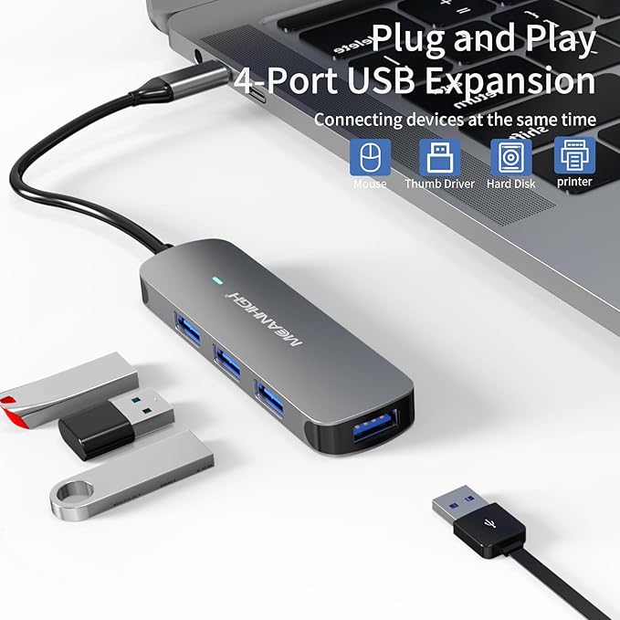 USB C Hub MEANHIGH USB 3.0 Hub for Laptop 4 Port USB Expander Multiport USB Splitter Type C Hub Dongle for MacBook Pro, Mac mini iMac, Dell, HP, Chromebook, PC Flash Drive HDD