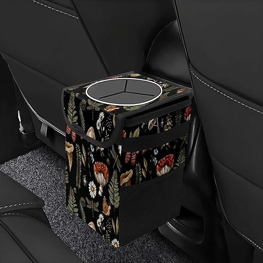 Car Trash Can with Lid Vintage Botanical Mushrooms Collapsible Reusable Leak-Proof Auto Garage Bag,Hanging Vehicle Car Accessories Interior Car Organizer