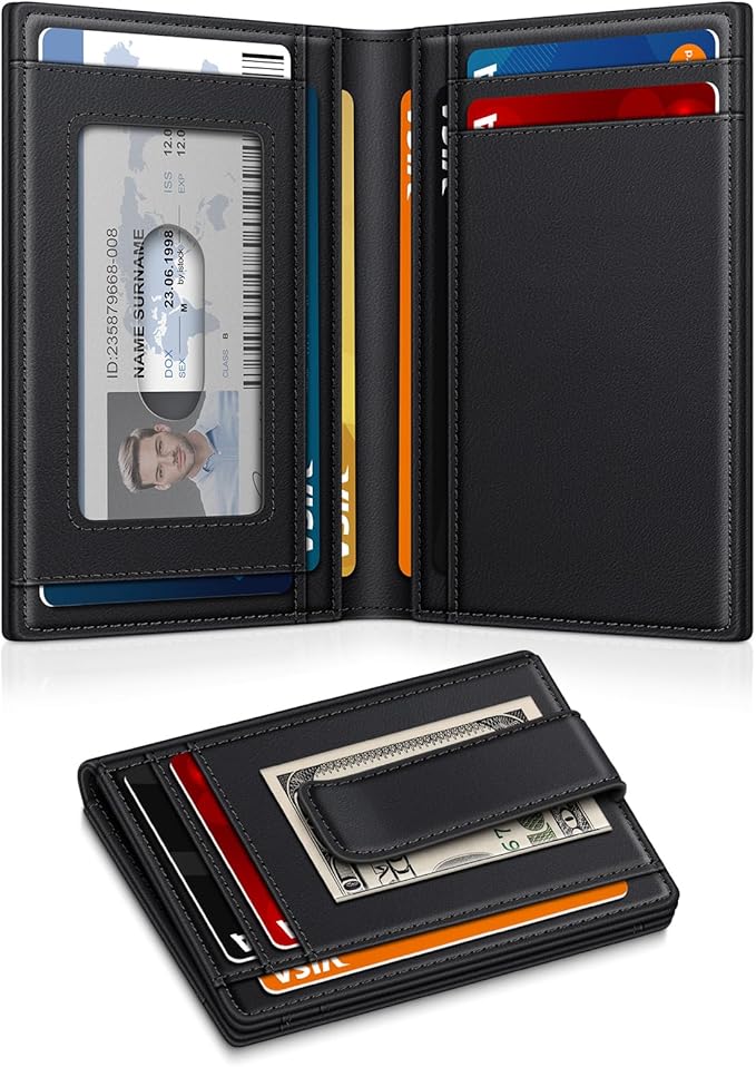 Wallet for Men 14-16 Cards, Minimalist Men Leather Wallet, Men's Front Pocket Bifold Wallets with Money Clip, Slim Thin Card Holder RFID Blocking Bill Folder & Magnetic Closure, Gifts for Men, Black