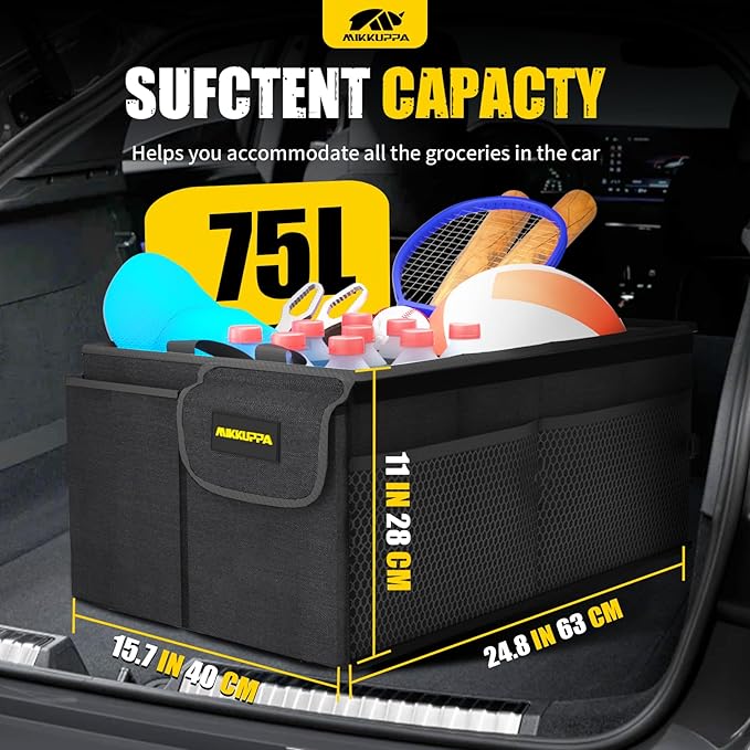 MIKKUPPA Car Trunk Organizer - 75L Collapsible Trunk Organizer with Lid, Sturdy Car Storage for SUV Auto Truck Van with Adjustable Straps and Non Slip Bottom (Black)
