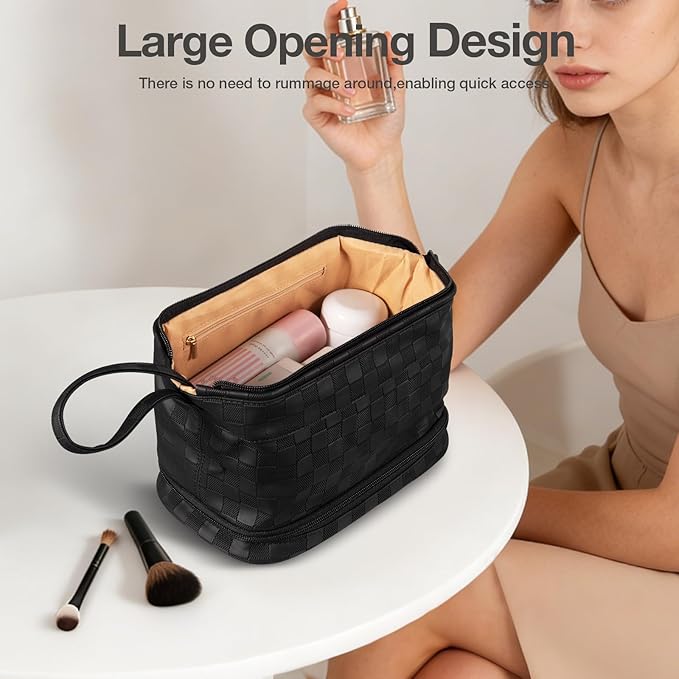 Abiudeng Large Capacity Makeup Bag Ladies Cosmetic Bag Travel Bag with Compartments Portable PU Leather Travel Makeup Bag with Handle