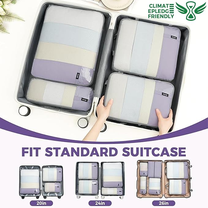 BAGAIL 6 Set Lightweight Compression Packing Cubes with Packing List, Anti-Tearing Expandable Organizer Bags for Travel, Dusty Purple