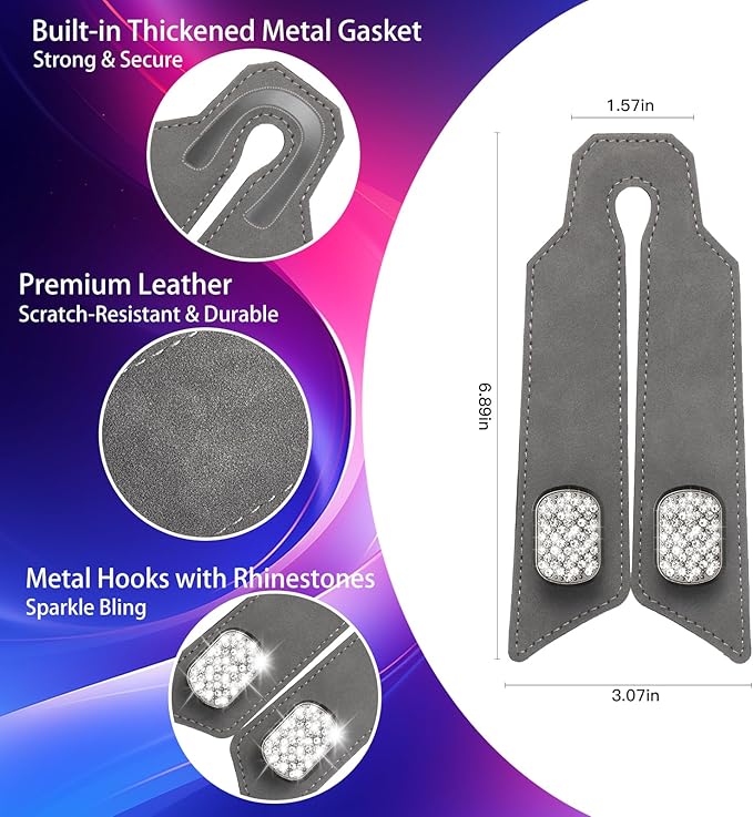 2Pcs Bling Car Headrest Hooks, Premium Leather & Sparkling Rhinestone Dual Metal Hooks, Back Seat Organizer for Bags, Coats, Purses and Groceries (Crystal Gray)