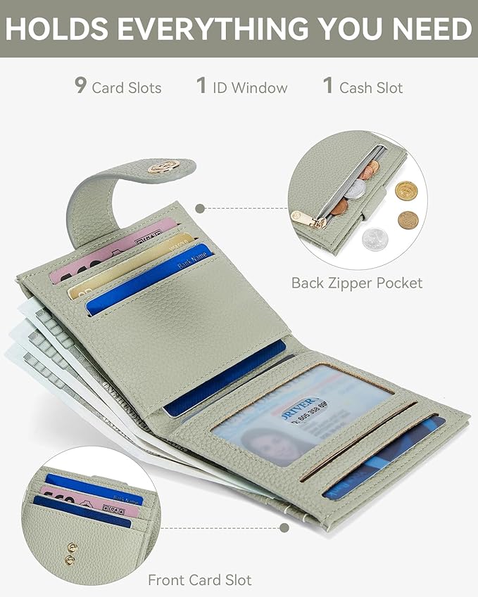 BOSTANTEN Slim Wallet for Women Small RFID Blocking Credit Card Holder Leather Bifold Wallets with Zipper Coin Pocket Light Green
