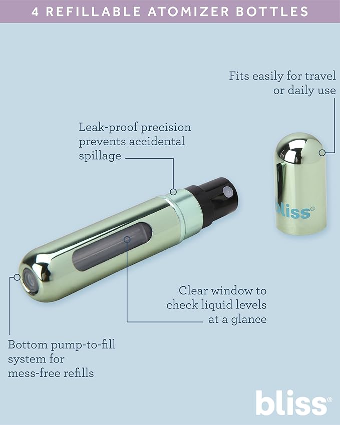 Bliss Atomizer Spray Bottle Set - 4 Pack TSA-Approved Leak Proof Refillable Small Travel Spray Bottle and Perfume Atomizer, Size One Size, Spiral Sage Combo