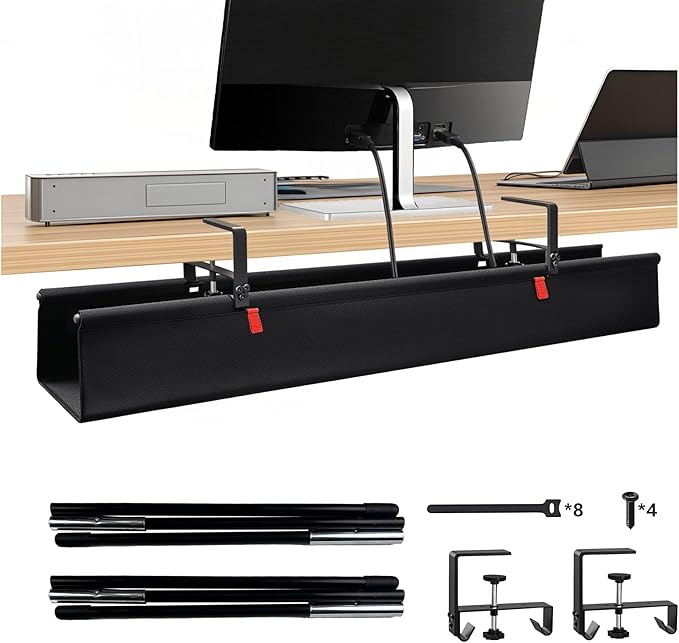 48" No Drill Under Desk Cable Management Tray - Upgraded Oxford Fabric with Cable Loop, No Damage to Table for Standing Desks and Home Office (Extra Large (48 Inch))