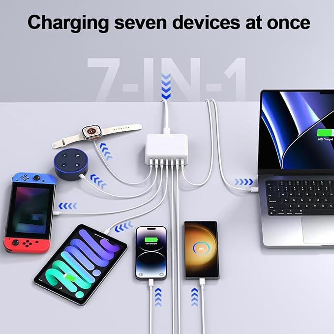 200W USB C Charger Block, 200W GaN 7 Port USB Charging Station PD 65W Laptop Power Adapter Wall Plug, USB C Block Charging Hub Compatible with MacBook Pro/Air/iPhone 16/15/14/13/iPad/Galaxy S24/S23