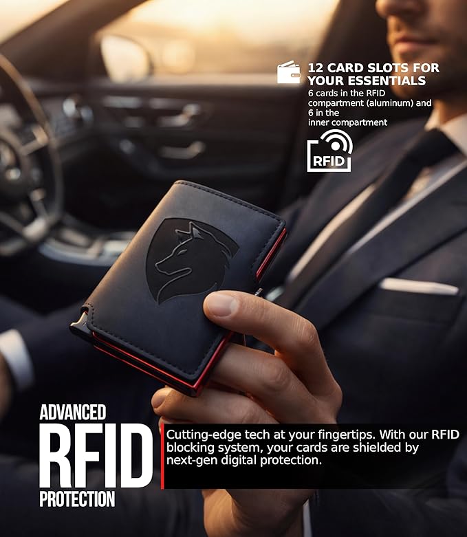 Smart RFID Blocking Wallet for Men – Slim Metal Card Holder with Money Clip – Intelligent Minimalist Wallet Holds 6 to 12 Cards – Compact Credit Card Case & Secure Travel Organiser (AlfaStyle)