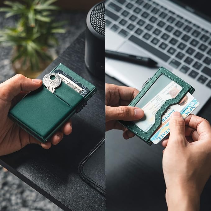VULKIT Minimalist Wallet with ID Window & EDC Pocket Pop Up Card Holder RFID Blocking Slim Wallet Design for Airtag Cash Coins & Credit Cards
