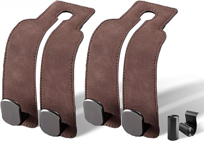 vidonio 2 Pack Double Car Seat Hooks for Headrest, Rotatable Purse Holder for Car, Premium Leather Car Hooks for Purses and Bags, Headrest Hooks and Storage Accessories (Brown)
