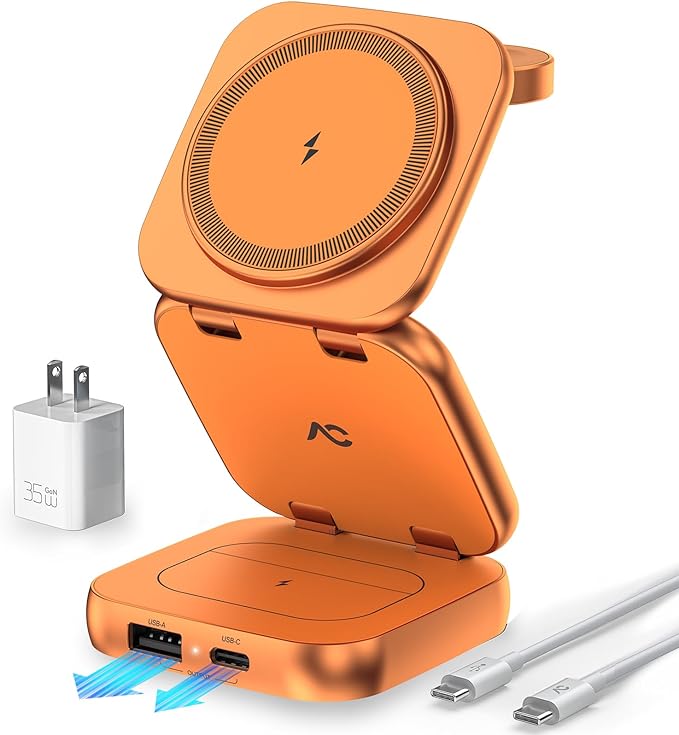 5-in-1 Wireless Charger for MagSafe, AC ISLAND Portable Travel Charging Station, 35W Max Fast Foldable Magnetic Stand, Evolved for iPhone 17-12 & Air Series, Apple Watch, AirPods (with 35W Adapter)