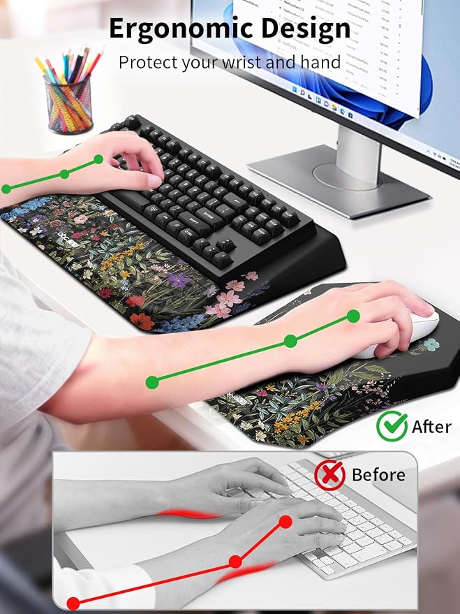 3-in-1 Ergonomic Keyboard Stand with Wrist Rest & Mouse Pad Set, Comfy Keyboard Riser Holder Soft Mousepad with Massage Design, Memory Foam and Non-Slip PU Base for Pain Relief, Flower