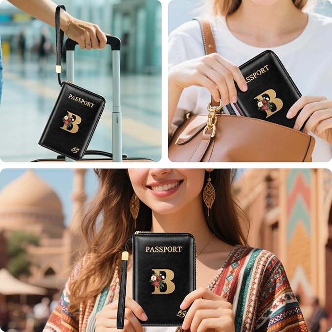 Passport Holder Cover Wallet with Zipper Personalized Initial Letter B Rose Flower RFID Blocking Travel Wallets Credit Cards Holder for Women, Gift for Wife and Girlfriend,B