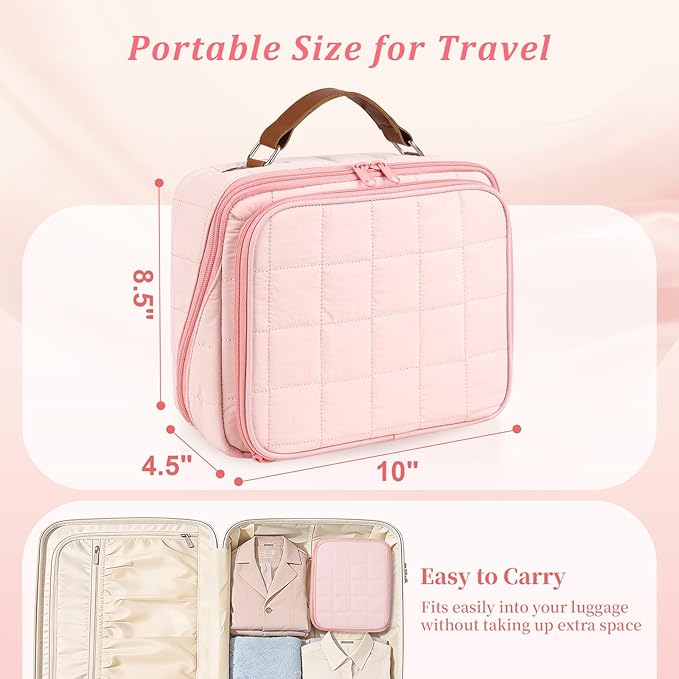 MOKURA Travel Makeup Bag for Women, Large Capacity Standing Make up Pouch, Quilted Waterproof Cosmetic Organizer with Jewelry Compartments, Portable Toiletry Case, Gifts for Women, Pink