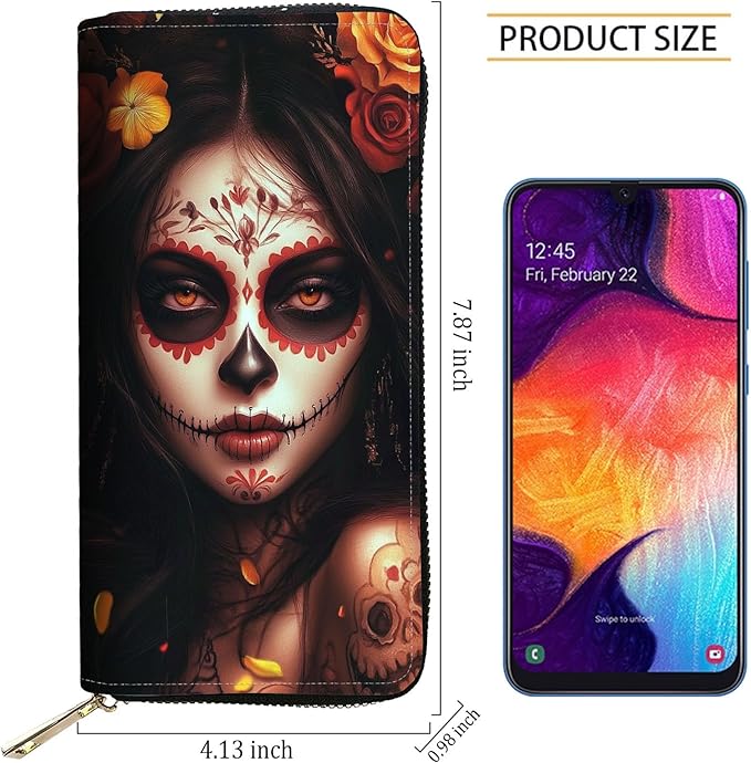 RFID Blocking Leather Wallet for Women – Large Capacity Zip Around Clutch with 8 Card Slots,43 Cash Pockets & Coin Zipper,Day of The Dead Girl Art
