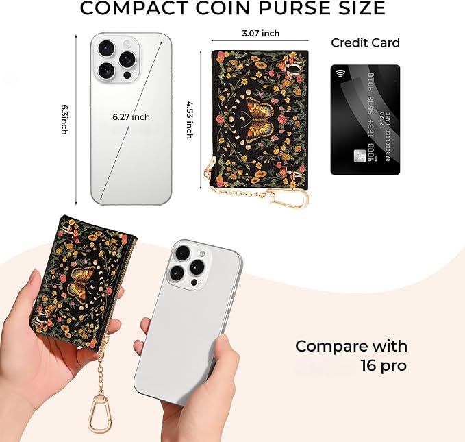 Butterfly Moon Keychain Coin Purse for Women, Mushroom Floral Vintage Small PU Leather Change Pouch, Zipper Little Tiny Travel Wallet for Girls, Cute Zip Pocket Coin Holder with Key Ring