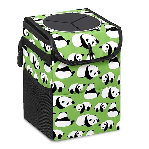 Car Trash Can Panda Collection Wate-rproof Auto Garbage Bag Car Trash Can with Lid Leak-Proof Car Storage Bag Hanging for Headrest Collapsible and Portable with Storage Mesh Pocket