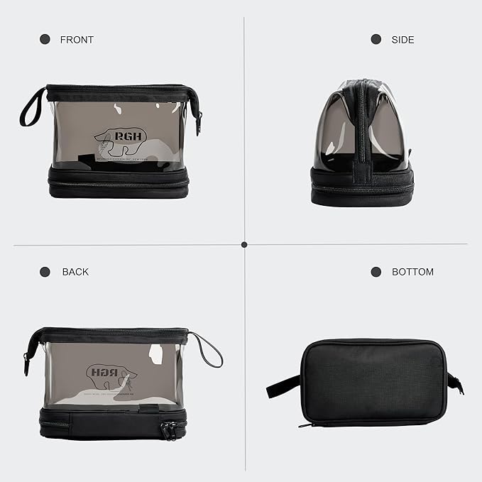 Rough Enough Clear Cosmetic Bag for Women and Men, Leakproof Travel Makeup Organizer, with Detachable Brush Pouch, Large Opening, 6.5”x5”x8.5”, Black