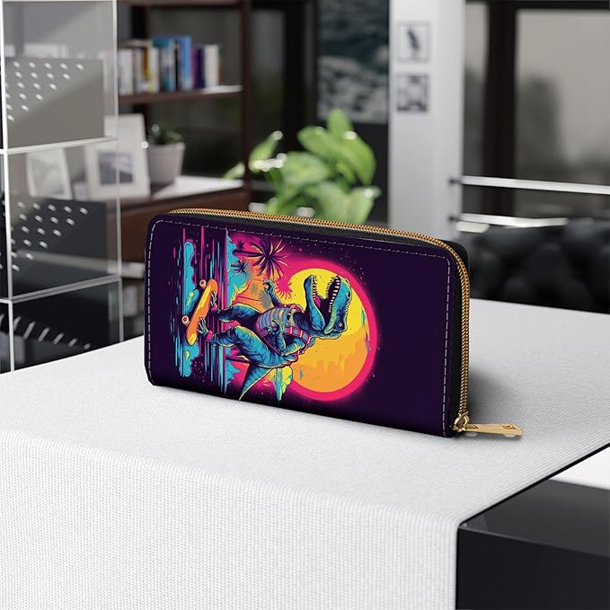 Womens Wallet,RFID Blocking Large Capacity Clutch,Zip Around Leather Purse with 8 Card Slots,Bill Compartments Coin Pocket - Funny Dinosaur