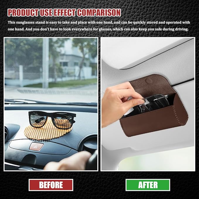 Sunglasses Holder for Car Sun Visor, Leather Auto Eyeglasses Storage Case with Hidden Magnetic Closure, Universal Protective Glasses Organizer Box, Visor Accessories for Woman Man (Brown)