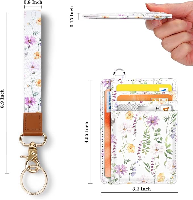 Coco Rossi Slim Front Pocket Wallet RFID ID Card Holder Cute Small Wallet with Wrist Lanyards Key Chain Holder for Women,White Daisy