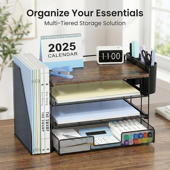 OPNICE Wood Desk Organizers and Accessories, 4-Tier Desktop File Organizer with Drawer and 2 Pen Holders, Office Desk Accessories Workspace Organizers for Office Supplies(Wood)