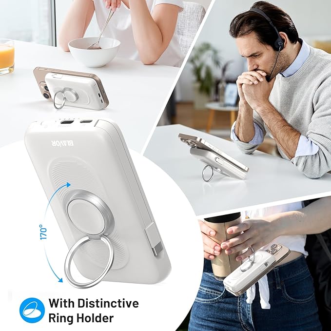 BLAVOR for Magsafe Portable Charger with Built-in Cables, 10000mAh Wireless Magnetic Power Bank with Stand, USB C 20W PD Fast Charging Travel Battery Pack for iPhone 17/16/15/14/13/12 and Apple Watch