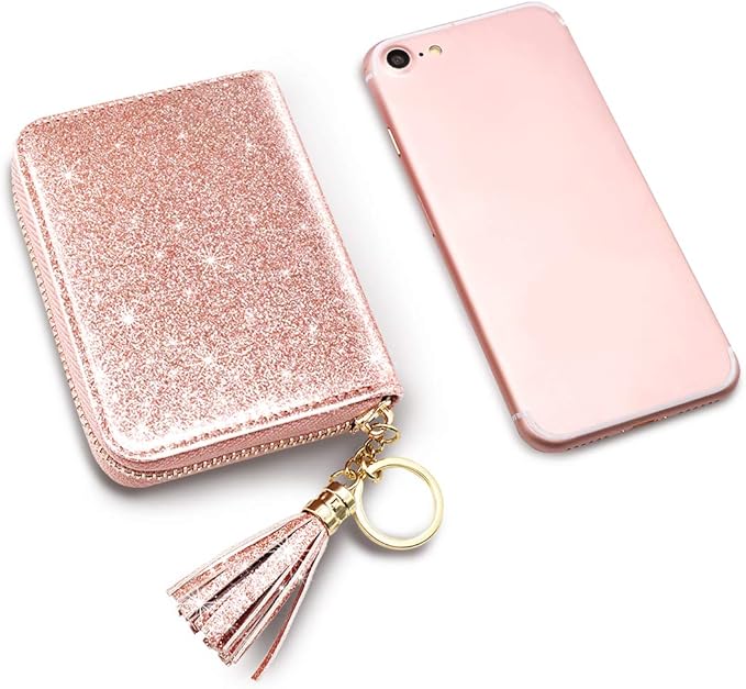 Coco Rossi Women Small Credit Card Wallet RFID Glitter Bling Cute Accordion Card Holder with Zipper Pink