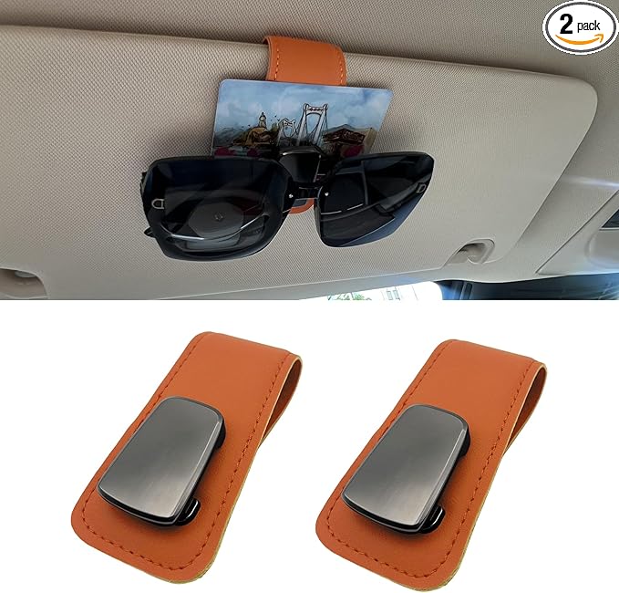 Sunglasses Holders for Car Visor, Visor Accessories, Magnetic Leather Sunglasses Holder and Ticket Card Clip, Eyeglass Hanger Clip Auto Interior Accessories Fit for Most Cars (Orange)