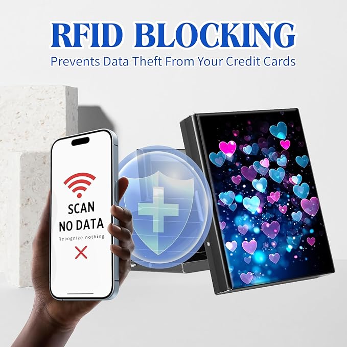 RFID Blocking Credit Card Holder - Slim Metal Wallet for Women & Men,Colorful Heart Shape Design Stainless Steel Business Card Case,Compact Pocket Organizer for Travel & Daily Use