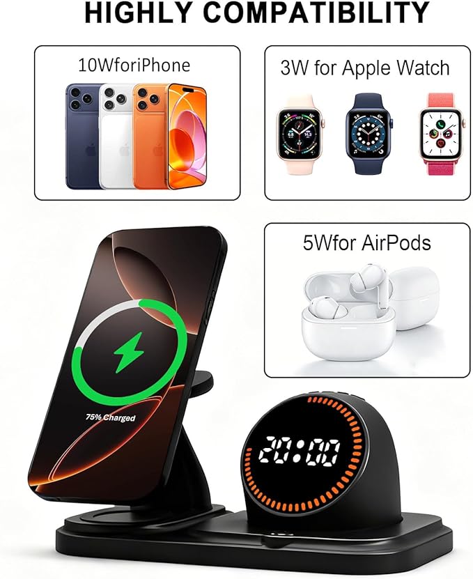 Wireless Charging Station with Clock,6-in-1 Charging Stand for Multiple Devices for iPhone 17 16 15 14 13 12 Pro Max, Apple Watch, Airpods, Bluetooth Speaker + RGB Light