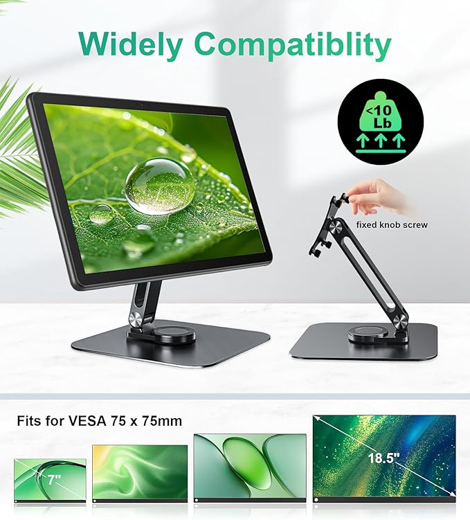 Portable Monitor Stand VESA 75x75mm Holes M4 Anti-loss Screws, Aluminum Alloy Base, Fits 7" to 18.5" Inch Small Monitors, Black Desk Mount (Not Fits100x100mm)