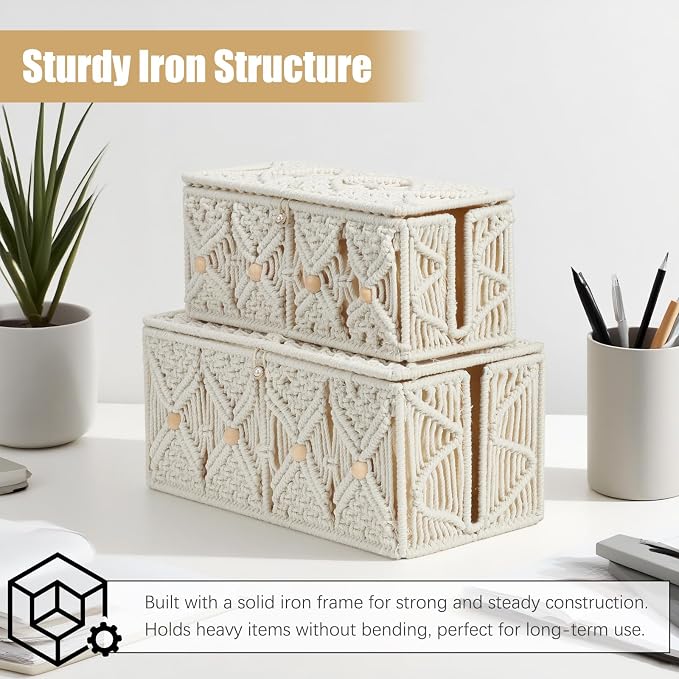Cable Management Box Handmade Macrame Cord Storage Organizer Power Strips Outlet Router Adapter TV Wire Hider Cover Under Desk Natural Cotton Rope Woven Boxes with Lid (Off White, Large)