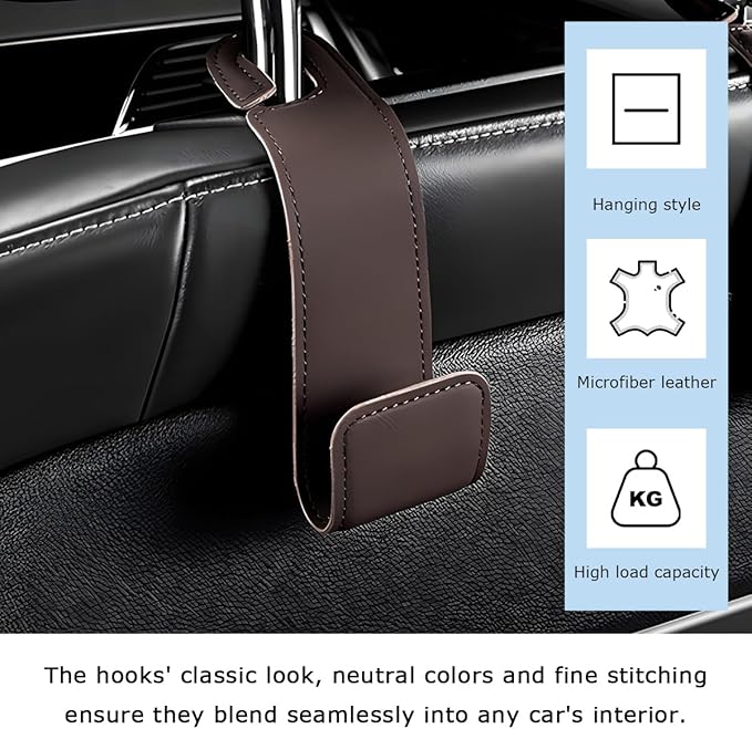 Car Seat Headrest Hook, Microfiber Leather Hanger Holder Hook for Hanging Purse and Bag, Universal Vehicle Back Seat Organizer Hook for Grocery Bag Handbag Coat (Brown)