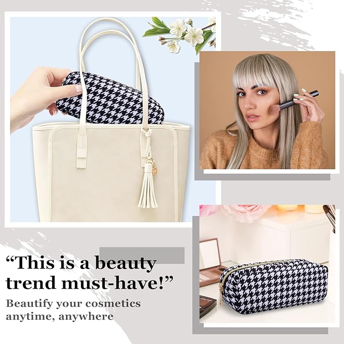 Nylon Slim Makeup Bag, Cute Makeup Brush Case, Preppy Cosmetic Zipper Pouch for Purse, Travel Toiletry Bag Clutch Coin Pouch Make Up Organizer for Women Girls (Black Houndstooth)