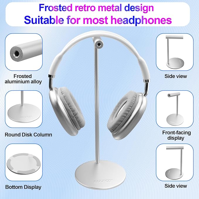Aluminium Headphone Stand, Silver Desktop Holder for Over-Ear Headphones, 98mm Round Base, 280mm Height, 80mm Support Arm, with Installation Tools