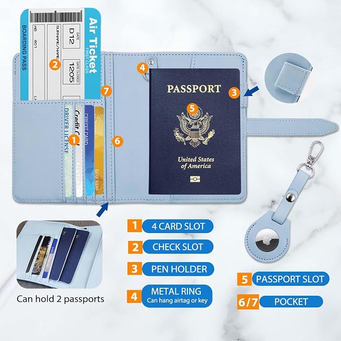 Passport wallets, Mulit-purpose RFID Blocking Passport Holder AirTag Wallet, Travel Wallet (Blue)