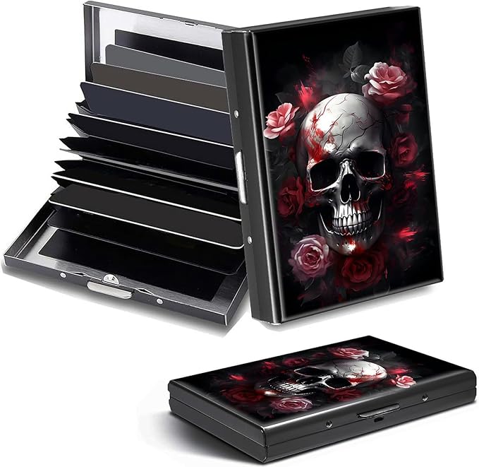 Credit Card Holder, Skull Rose Flower Design Mini RFID Blocking Aluminum Wallet Slim Metal Hard Case Shell Travel Wallet ID Case Small Credit Cards Case Business Cards for Women Men Girls