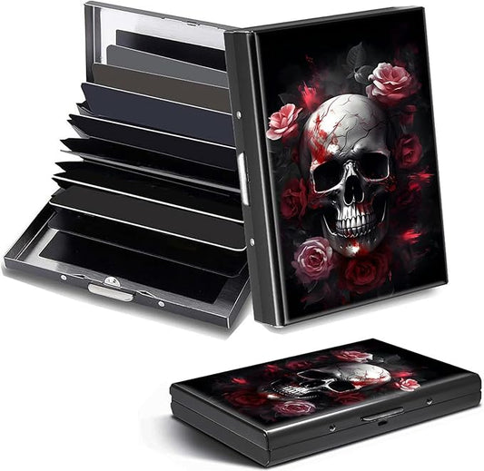 Credit Card Holder, Skull Rose Flower Design Mini RFID Blocking Aluminum Wallet Slim Metal Hard Case Shell Travel Wallet ID Case Small Credit Cards Case Business Cards for Women Men Girls