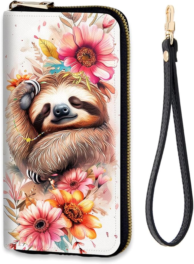 Women's RFID Blocking Zip Around Wallet with Detachable Wrist Strap, Large Capacity Credit Card Holder Organizer for Everyday Use,Cute Sloth Flower