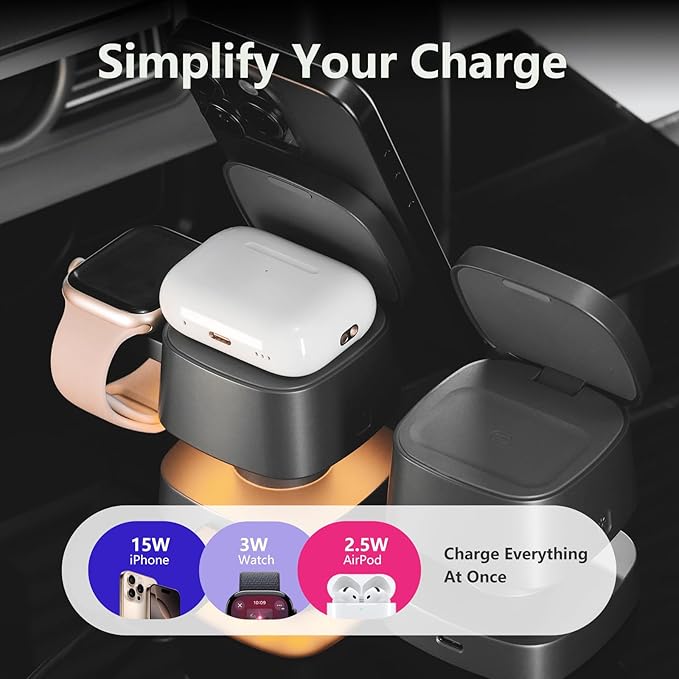 【2026 Upgraded】4 in 1 Wireless Charger, 3 in 1 Wireless Charging Station with Night Light for MagSafe Charger, 15W Magnetic Travel Stand for iPhone17/Air/Pro/Max/16/15/14, Apple Watch, Airpods (Gray)